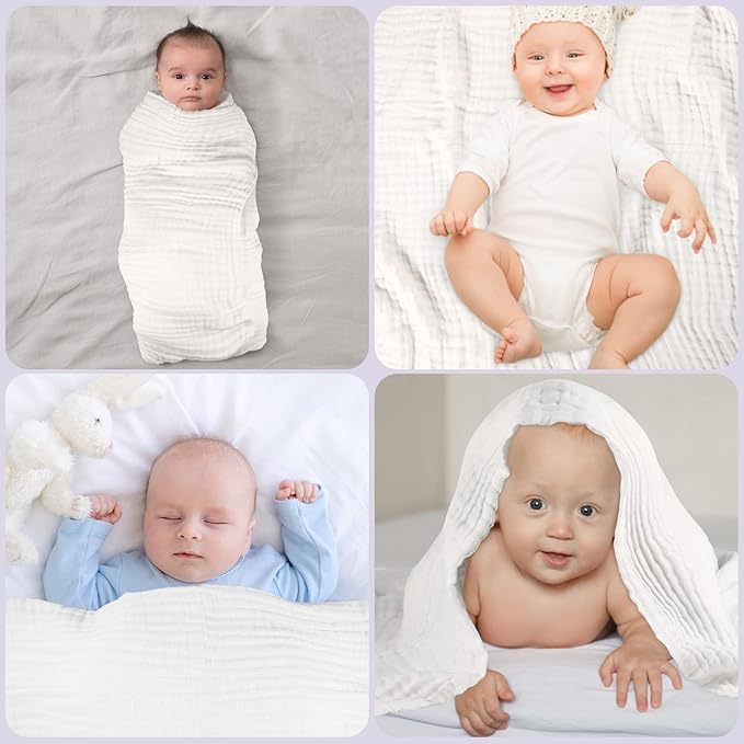MUKIN Baby Bath Towels, Super Soft Cotton Receiving Blanket for Baby's Delicate Skin,2Pack Swaddle Blanket for Newborns Toddlers Boy Girl,Baby Registry as Shower (White+Pink)