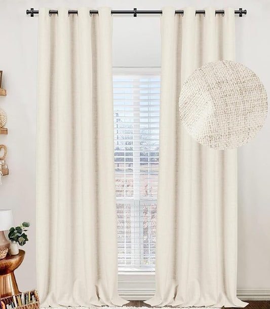 100% Blackout Shield Linen Blackout Curtains for Bedroom, Cream Grommet Curtains for Living Room, Thermal Insulated Room Darkening Drapes for Nursery, Boho Home Decor, 50" W x 63" L, 2 Panels