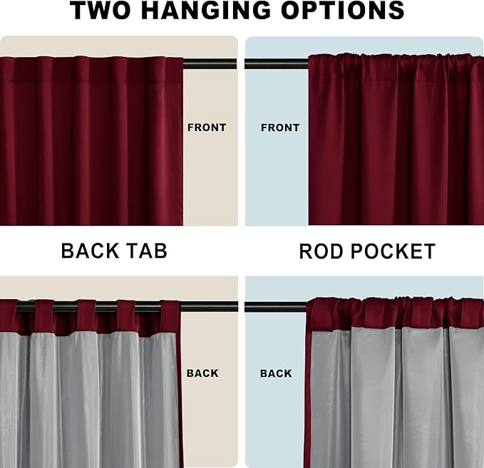 XWZO 100% Blackout Curtains with Tiebacks- 2 Thick Layers Completely Shaded Thermal Insulated Lined Window Drapes for Bedroom/Patio Door, Rod Pocket & Back Tab, Burgundy, W52 x L84, Set of 2 Panels