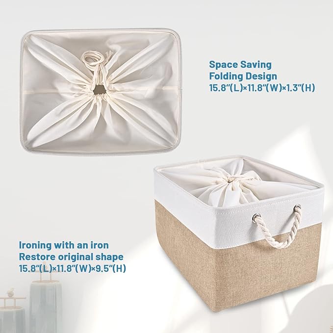 HOdo Home 15.8×11.8×9.5 In/3PCS Fabric Storage Bins with Drawstring Closure and 2 Bold Handles, Collapsible Large Cubes Canvas Baskets for Organizing Shelf Nursery Home Closet (White and Yellow)