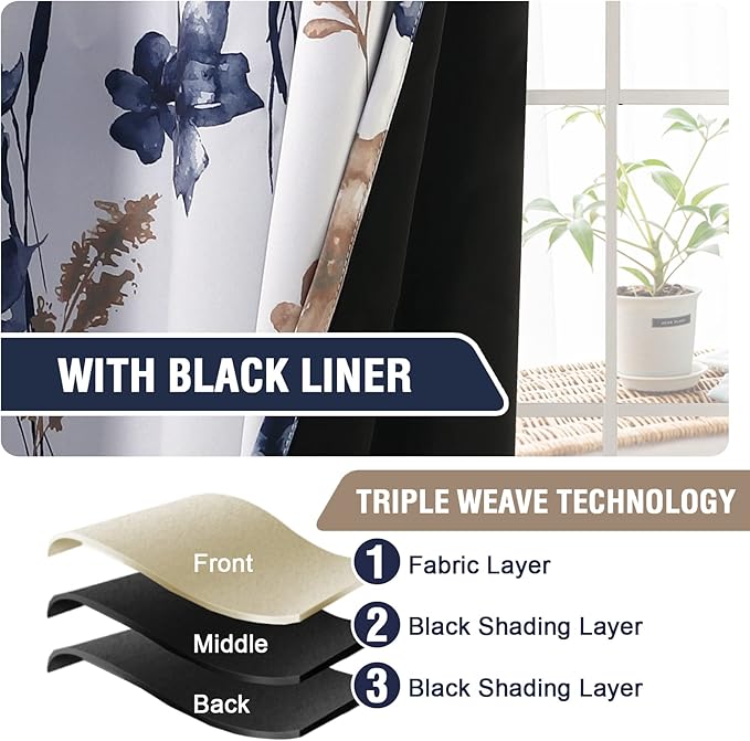 H.VERSAILTEX 100% Blackout Curtains 108 inch Length 2 Panels Set Cattleya Floral Printed Drapes Leah Floral Thermal Curtains for Bedroom with Black Liner Sound Proof Curtains, Navy and Taupe