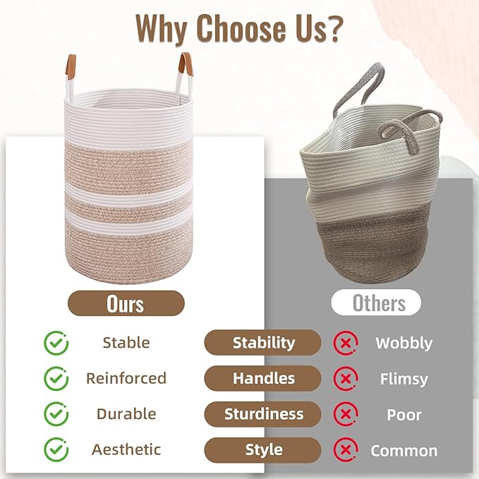 90L Striped Laundry Basket, Brown Laundry Hamper with Leather Handles, Woven Cotton Rope Storage Bin for Blankets, Nursery Hamper for Clothes, Toys In Bathroom, Livingroom, Bedroom