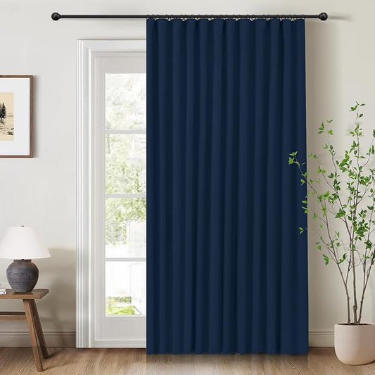 INOVADAY 100% Blackout Curtains for Bedroom, Black Out Curtains 84 Inch Long, Clip Rings Linen Blackout Drapes, Thermal Insulated Room Darkening for Living Room, 1 Panel - Midnight Blue,W102xL84