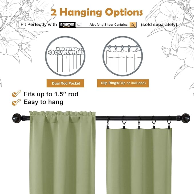 Aiyufeng Sage Green Short Blackout Curtains for Bedroom 54 Inches Long 2 Panels Set, Solid Thermal Insulated, Energy Saving Window Treatment Curtains Blackout Drapes, W40 x L54 Inch, Sage Green