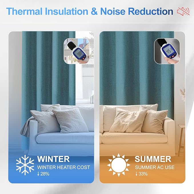 Linen 100% Blackout Curtains for Bedroom, Black Out Curtains 72 Inch Long, Room Darkening Curtains for Living Room, Long Curtain Grommets Drapes, Thermal Curtains(2 Panels, Peacock Blue)