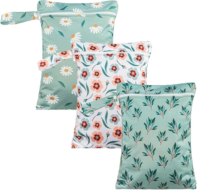 Happy Flute 3 Set Wet Bag Storage Bag Zipper Waterproof Washable Travel Bags, Beach, Pool, Gym Bag for Cloth Diaper, Swimsuits & Wet Clothes for Baby,11.8x15.7inch (Daisy)