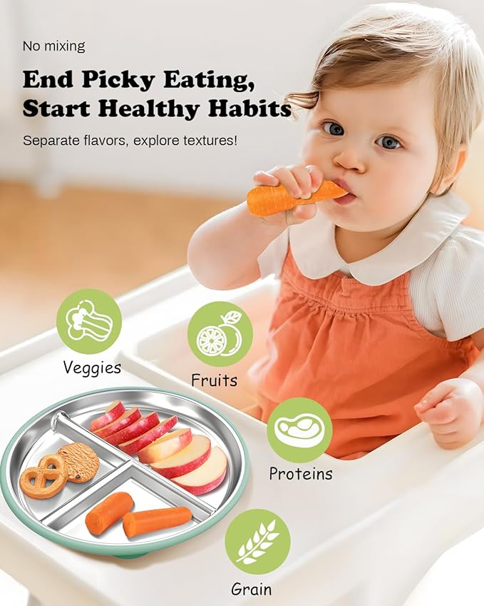 Bakpoco 8” Stainless Steel Toddler Plate with Suction, Divided Plates with Removable Silicone Sleeves for Kids, Non Toxic & BPA Free | Non Slip | Unbreakable Baby Snack Dishes Set of 2, Blue & Sage