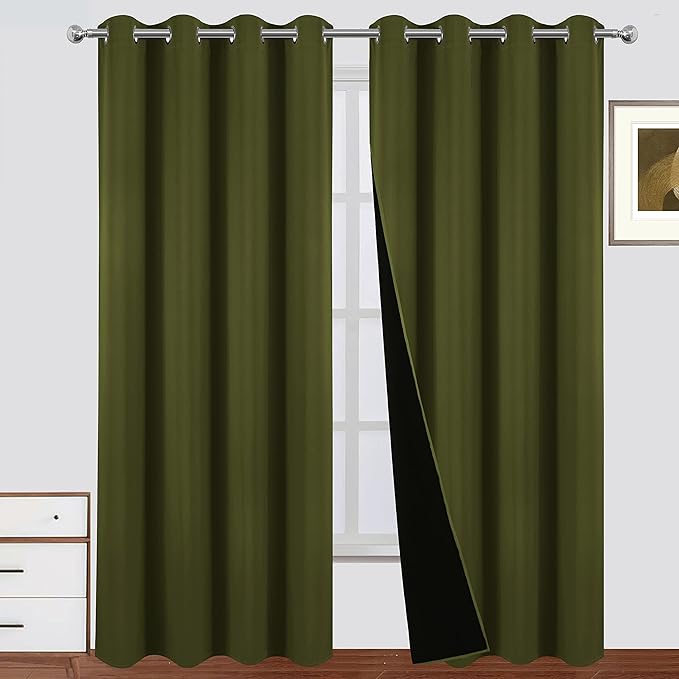 LEMOMO 100% Blackout Curtains 52 x 95 Inch Olive Green Curtains 2 Panels Darkening Thermal Insulated Bedroom Curtains
