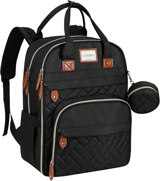 LANDICI Diaper Bag Backpack, Multifunction Baby Diaper Bags with Changing Pad, Stroller Straps & Pacifier Case, Travel Essentials Back Pack for Mom Dad Boy Girl, Large Capacity, Waterproof, Black