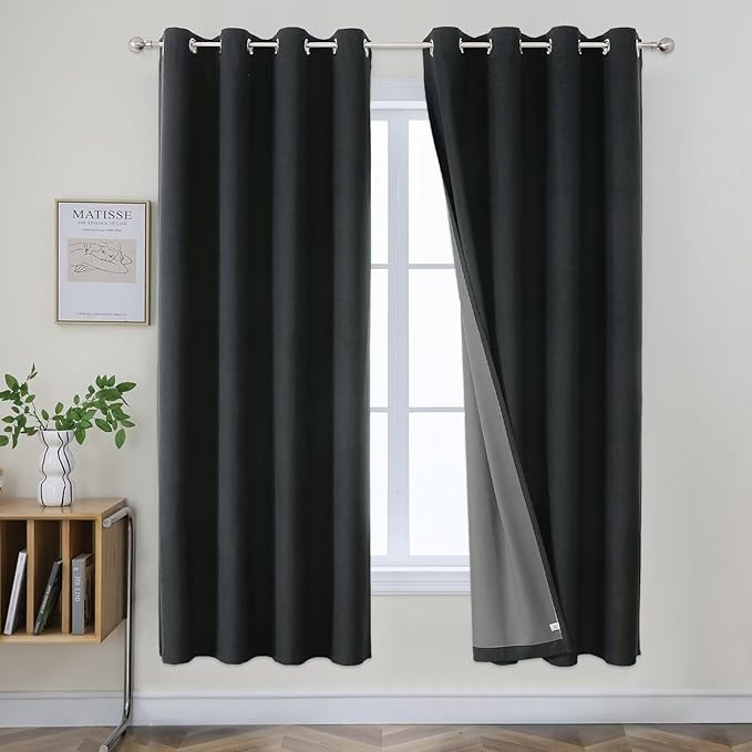 Joydeco Blackout Curtains 72 Inch Long, 100% Black Out Curtains for Bedroom Windows, Room Darkening Thermal Insulated Short Textured Grommets Drapes for Living Room (42x72 inch, Black)
