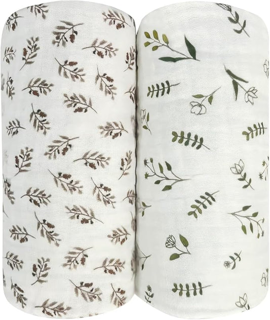 Ultra Soft Muslin Baby Blanket Pack of 2 Cotton Swaddles Bed Blankets Super Soft Lightweight for Babies and Toddlers Boys Newborn 42 x 42 inches Floral (Green and Coffee)