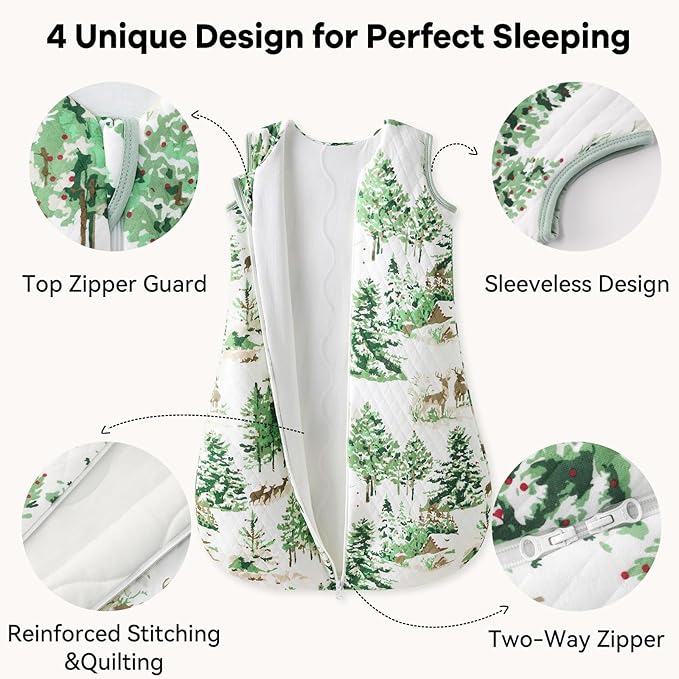 Unnivoll Baby Sleep Sack 6-12 Months 1.5 Tog Baby Wearable Blanket 100% Cotton Fabric Warm Sleeping sack with 2-Way Zipper Quilted for Infant Newborn Tog Green Pine