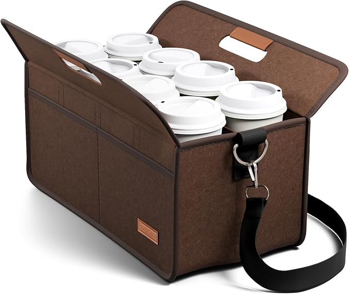 Fluxynara 8-Cup Reusable Felt Drink Carrier with Handle and Adjustable Shoulder Strap, Drink Holder for Car, Multi-Cup Drink Carrier Bag for Delivery, Travel, Picnics (Coffee Brown)