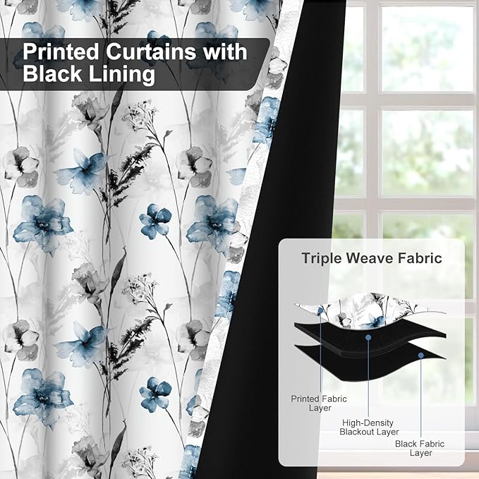 Watercolor Blue Floral Blackout Curtains for Bedroom and Living Room, Grommet Light Filtering Black Out Window Curtains 63 Inch Long 2 Panel Sets, Room Darkening Thermal Curtains for Winter Insulated