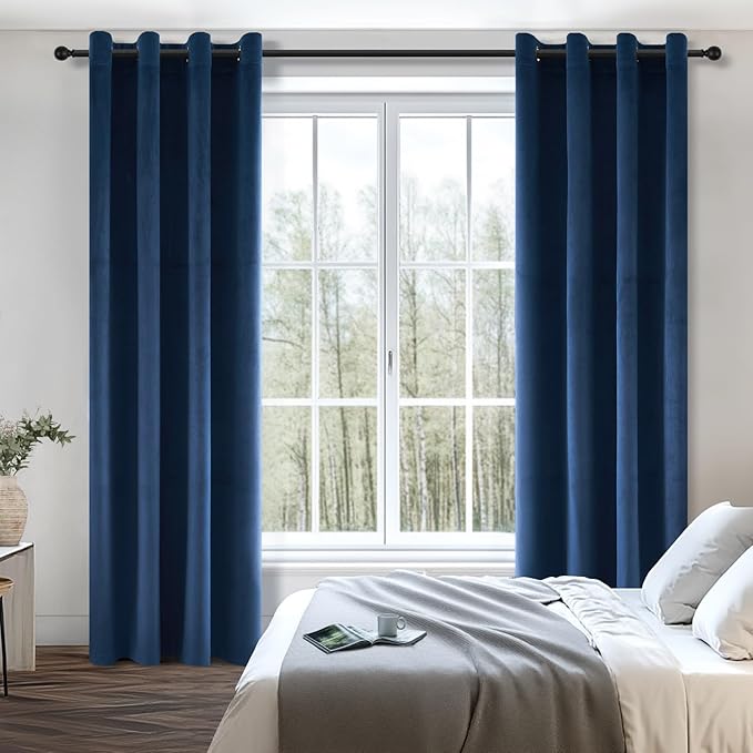 Topfinel Navy Blue 96 Inches Long Velvet Room Darkening Curtains,Noise Reducing Black Out Boho Thermal Insulated Light Blocking Privacy Warm Modern Curtains for Winter, 2 Panels