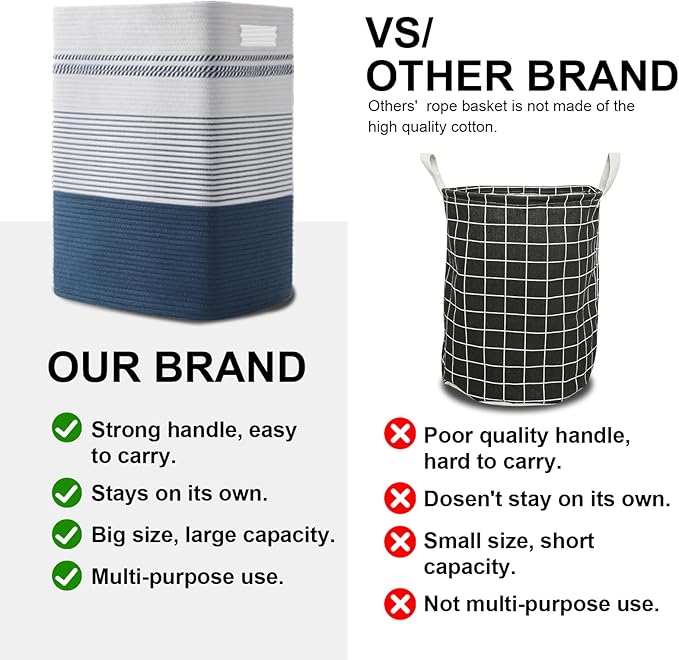 Laundry Basket, Large Woven Rope Tall Laundry Basket with Handles, Decorative Storage Basket for Clothes and Blankets in Living room, Bedroom