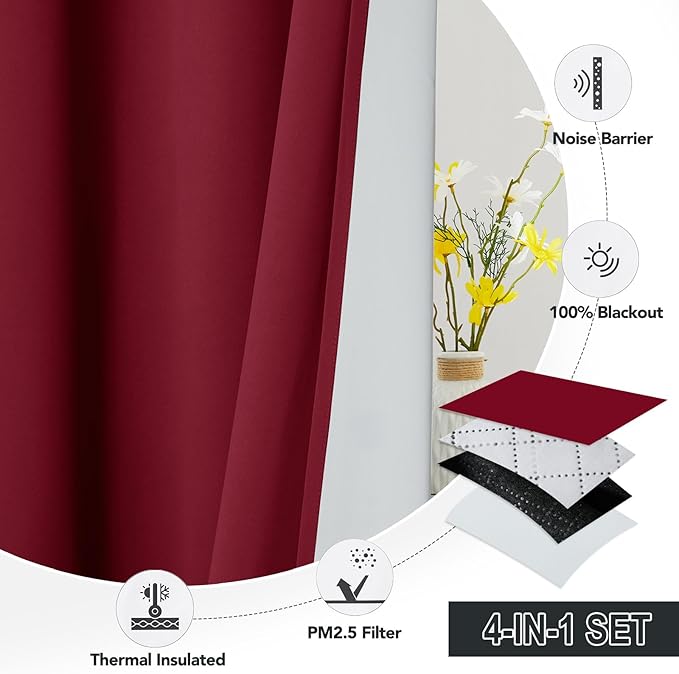 RYB HOME Soundproof & Dust Particle Filtering Curtains 100% Blackout Thermal Insulated Window Treatment Air Filter Drapes for Bedroom Living Room Kids Nursery, Burgundy Red, W52 x L63 inch, 2 Panels