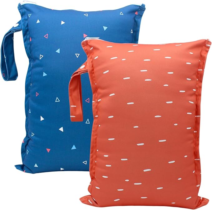 Wet Dry Bag 2pcs Waterproof Reusable Wet Bag for Swimsuits, Baby Cloth Diaper, Travel, Beach, Pool, Bathing Suit, Gym Wet Clothes (Red Blue)