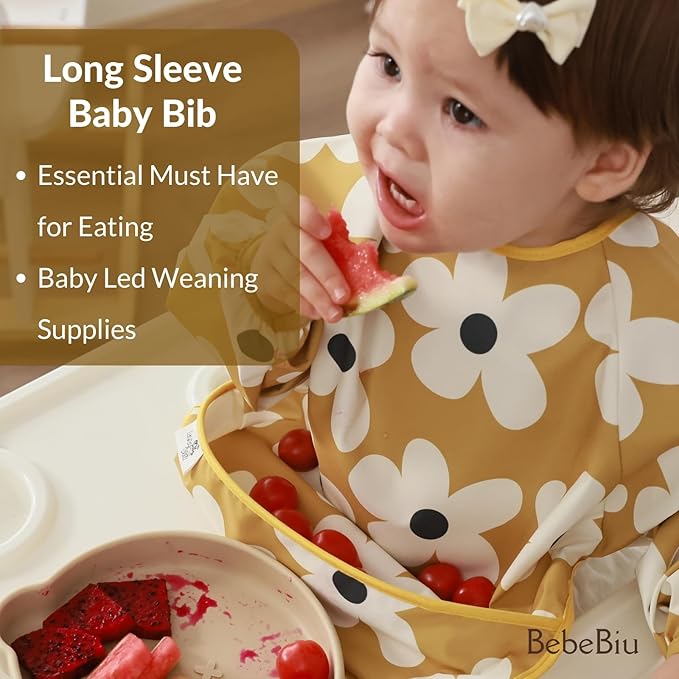 BebeBiu Long Sleeve Baby Bib, Waterproof Fabric, Catch-All Pocket, Baby Smock Bib, Adjustable Sleeves