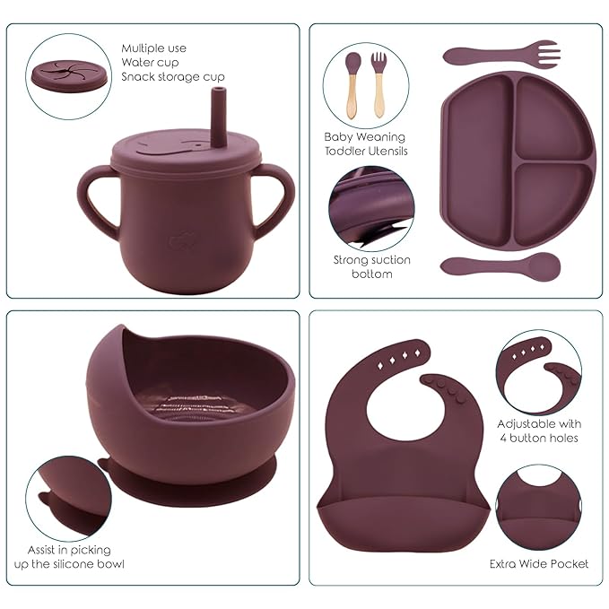 Dormlony 100% Silicone Baby Feeding Set, BPA Free Dishes With Suction Bowl, Divided Plate, Toddler Self Feeding Utensils, Spoons, Forks, Sippy Cup and Bib (Dark Red)