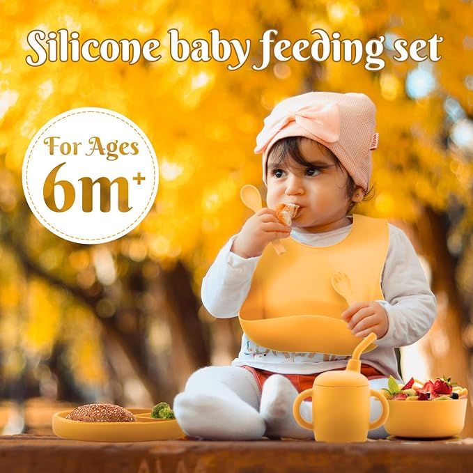 CHCC Silicone Baby Feeding Set 6 Pcs, Baby Led Weaning Supplies, Baby Feeding Supplies Set BPA Free, Baby Essentials for Newborn Gift Yellow