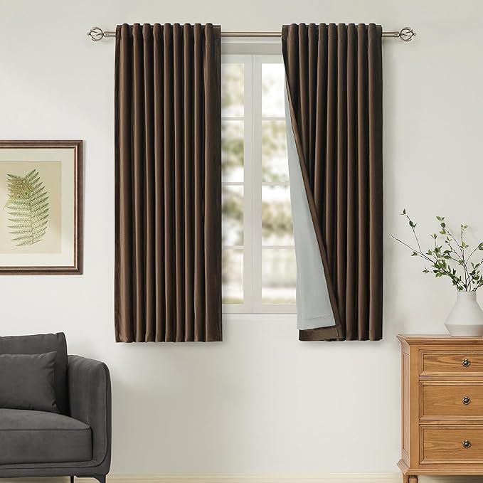 PRIMROSE 100% Full Blackout Brown Velvet Curtains 63 inch Long for Living Room,Set of 2 Liner Rod Pocket Back Tab Thermal Window Curtains Room Darkening Heavy Decorative Curtains Drapes for Bedroom