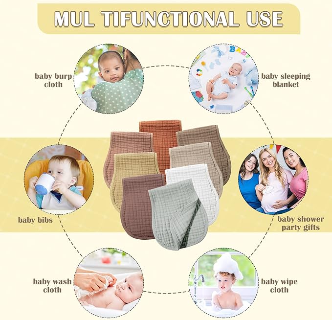 Frienda 8 Pack Muslin Burp Cloths for Baby Large 20 x 10 Inch Cotton Unisex Burp Rags for Spit up Drool Absorbent Soft Wash Cloths Diapers for Newborn Girl Boy Essential Shower Gift