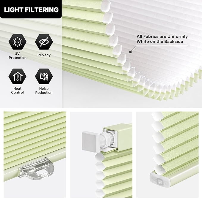 LazBlinds Cordless Cellular Shades, No Tools No Drill Light Filtering Honeycomb Shades Pleated Blinds for Windows, 46'' W x 64'' H, Green