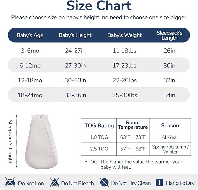 usbettas 1.0 Tog 2.5 Tog Baby Sleep Sack, 100% Cotton Baby Sleeping Bag 3-24M, 2-Way Zipper Baby Wearable Blanket