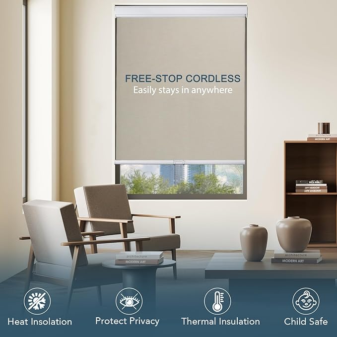 Roller Window Shades Free-Stop Cordless Blackout Blinds, Thermal Insulated Pull Down Shades for Windows, UV Protection Fabric Roller Blinds for Home Office (30.25" Wx72 H, Ivory)