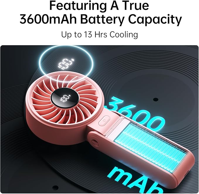 JISULIFE Handheld Fan Life7 – Ultimate Flexibility: High-Power Motor, LED Display, 3600mAh Rechargeable, 5-Speed, Foldable Design, 3-IN-1 Portable Hand/Desk/Neck Fan for Travel, Gift for Women (Pink)