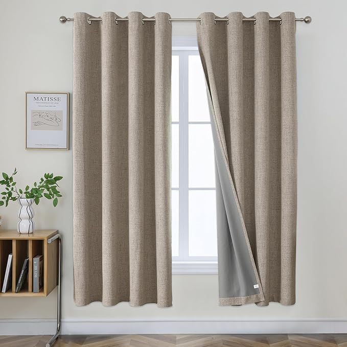 Joydeco Blackout Curtains 72 Inches Long 2 Panels Burg, Room Darkening Curtains for Bedroom, 100% Black Out Textured Thermal Drapes Privacy Protection 2 Panels Set(W42 x L72 Inch, Linen)