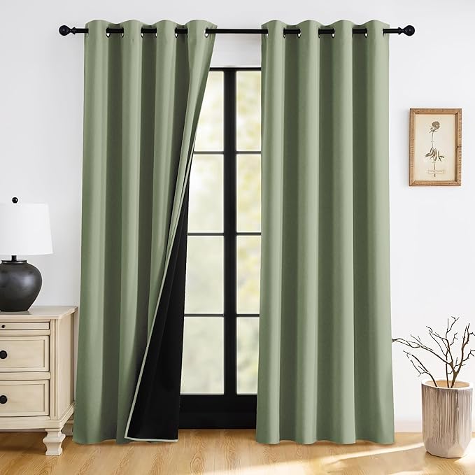 RYB HOME Light Green Blackout Curtains 84 inches Long 2 Panels Set, 100% Blackout Thermal Insulated Window Curtains for Bedroom Living Room Sliding Door, 52 inches Wide by 84 inches Long