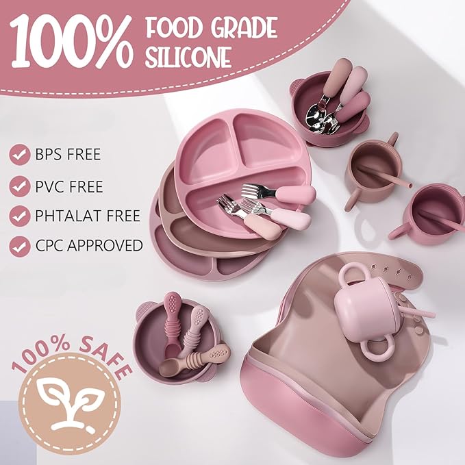 24 Pack Silicone Baby Feeding Set Baby LED Weaning Supplies Includes Suction Divided Plates Soft Bowl Spoons Forks Adjustable Bib Snack Cup and Straws(Dark Pink, Dusty Pink, Peach Color)