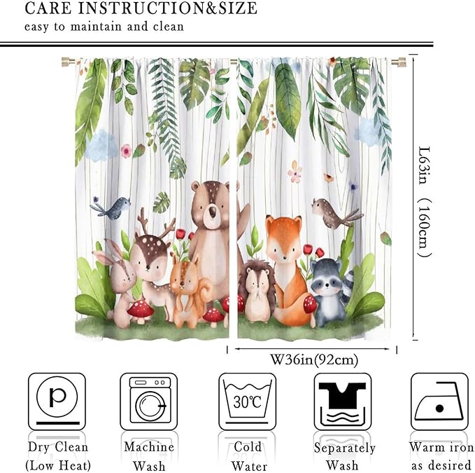 Forest Animal Curtains, Watercolor Wild Animal Bear Fox Deer Kids Window Treatments for Living Room Bedroom,Child Nursery Colorful Wildlife Jungle Forest Living Room Window Drapes Fabric,72x63Inch