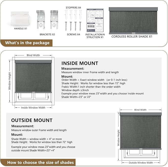 AOSKY Linen Roller Blinds Shades for Indoor Windows Pull Down Cordless Blackout Black Out Window Shade 42 Inch Blinds for Home Dark Grey