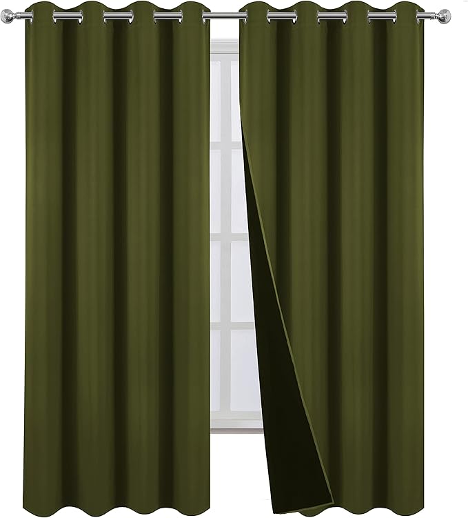 LEMOMO 100% Blackout Curtains 52 x 84 Inch Olive Green Curtains 2 Panels Darkening Thermal Insulated Bedroom Curtains