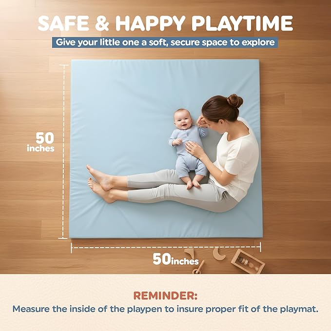Play Mat Cover Only – Fits 50x50x1 Rollable Foam Floor Mat for Babies – Waterproof, Easy to Clean Replacement Cover for Tummy Time & Crawling – Blue