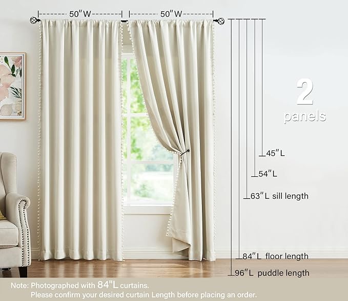 Treatmentex Pom Pom Curtains for Living Room 63 inch Natural Thermal Insulated Room Darkening Curtain Panels for Bedroom Window Drapes Nursery Kids Guest Room Hotel Ivory 52" w x2 Panels Rod Pocket