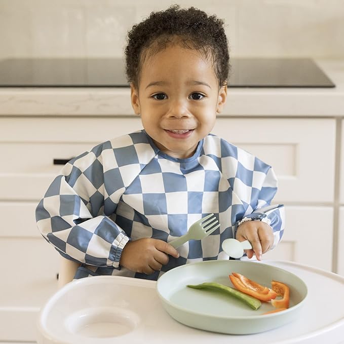 Tiny Twinkle Long Sleeve Bib for Babies & Toddlers | Waterproof Smock Bib for Eating | Machine Washable & Mess-Proof Feeding Essentials | Newborn Shower Gift (Checkers Blue, 6–24M)
