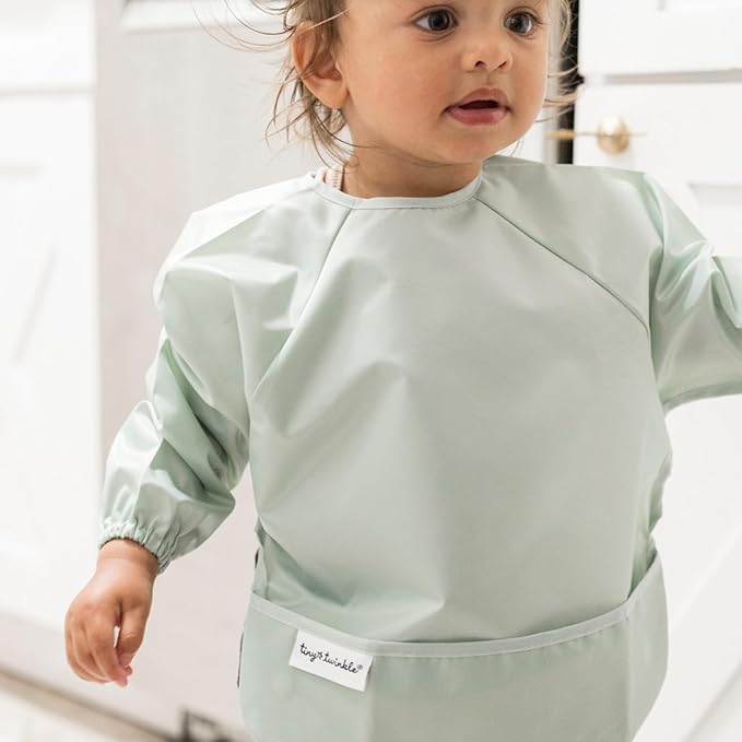 Tiny Twinkle Long Sleeve Bib for Babies & Toddlers | 2-Pack Waterproof Smock Bib for Eating | Machine Washable & Mess-Proof Feeding Essentials | Newborn Shower Gift (Sage Charcoal,2-4Y)