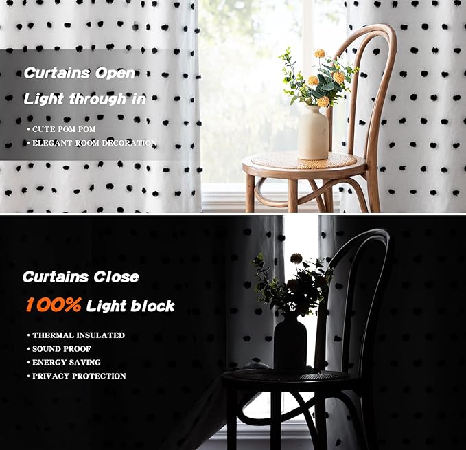 MYSKY HOME 100% Blackout Curtains for Bedroom Total Light Blocking Curtains 84 Inch Long Room Darkening 2 Panels Grommet Double Layer Curtains Privacy Window Drapes with Black Pom Pom Sheer 52" x 84"