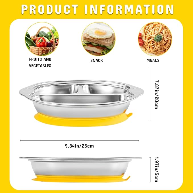 Mrs. Chou Stainless Steel Baby Suction Plates: Divided Plates for Babies and Toddlers, Made of 100% Food-Grade Materials Ideal for Baby-Led Weaning BPA-Free Toddler Feeding Dishwasher Safe Yellow