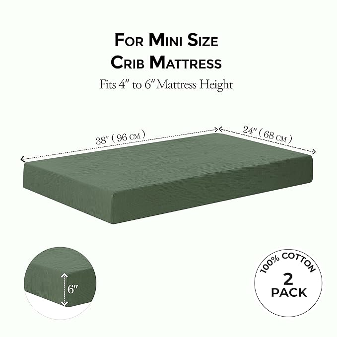 Dreamology Mini Crib Sheets,100% Muslin Cotton Crib Sheets,Pack n Play Sheets,Muslin Cotton Crib Sheet Fitted for Girls and Boys, Pack and Play Sheets, 24x38 Mini Crib Sheet | Green and Light Green