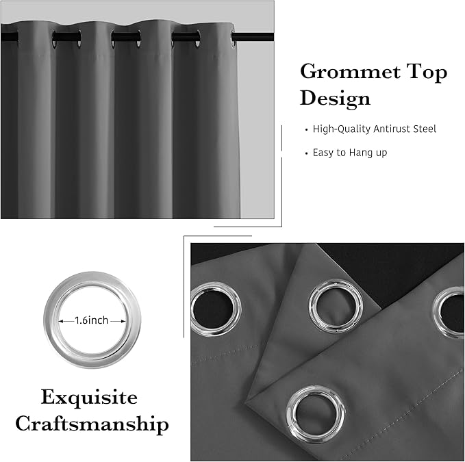 RYB HOME 100% Blackout Bedroom Curtains, Heat & UV Blocking Total Room Darkening Noise Reducing Grommet Curtains for Living Room Dormitory Home Office, 52 inches Wide by 84 inches Long, Grey