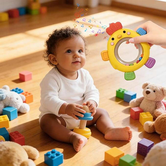 Sensory Toys for Babies, 2 Pack Baby Teething Rings Toys for 0-3 3 6-12 Months Baby Rattle Teether Silicone Teether Relief Chew Soothing,BPA Free,Sore Gums Babys Teethers Toys