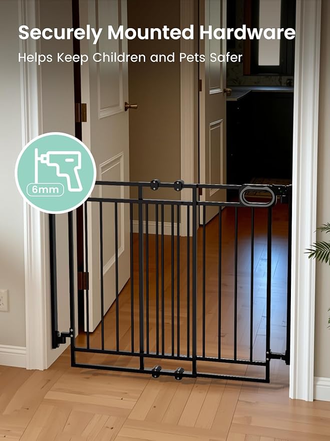 Grownsy No Bottom Bar Baby Gate for Stairs, Adjustable Width 29.8” to 43.5” for Child and Pet, Dog Gate with Auto-Close & Walk Through, Hardware-Mounted Install for Doorways and Indoor Use,Black