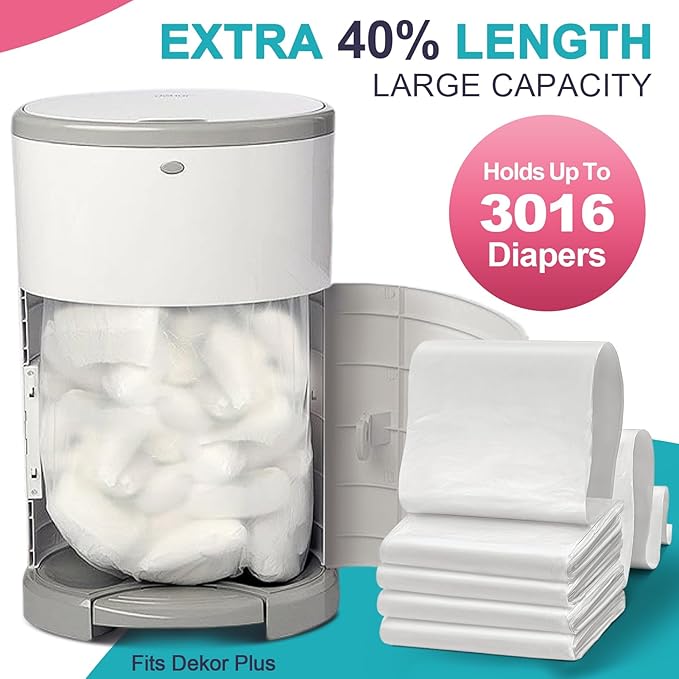 Refills Compatible with DEKOR Plus Diaper Pail Refill Bags| 4 Pack| Super Powerful Odor Eliminator Extra Thick Diaper Pail Bags| Each Holds up to 3016 Diapers| Fresh Lemon Scent| Easy to Replace