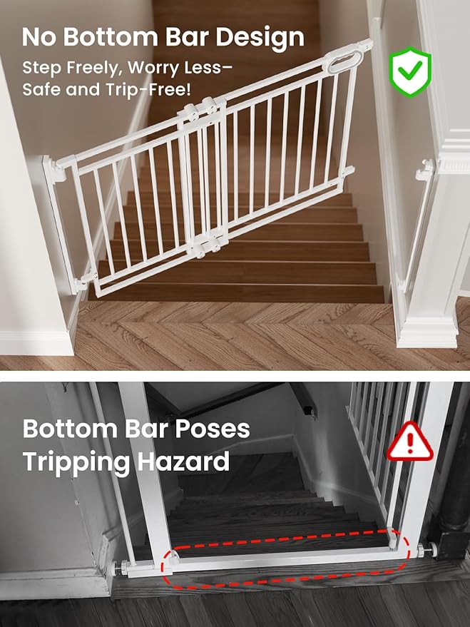Grownsy Baby Gate for Stairs- No Bottom Bar, 29.8” to 43.5” for Child and Pet, Dog Gate with Auto-Close & One-Hand Operation, Hardware-Mounted (Drill Needed) Installation for Doorways and Indoor Use