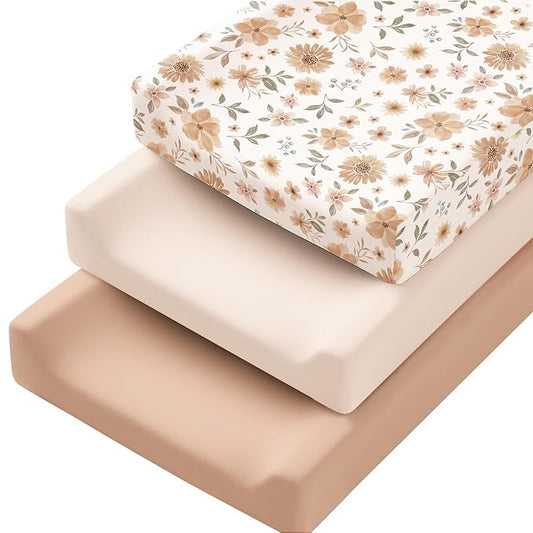 Konssy 3 Pack Stretchy Changing Pad Covers for Girl, Boy, Silky Soft Changing Table Cover, Breathable Baby Nursery Diaper Chang Pad Sheets (Flourish)